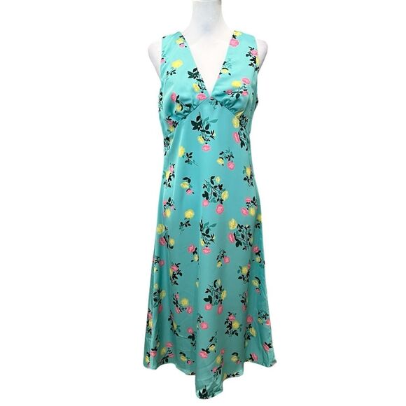 1.STATE Sweet Nothing V-Neck Floral Sleeveless Midi Dress Satin Teal Pink 4 NWT - Picture 1 of 13